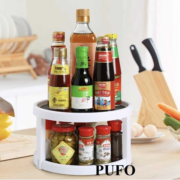 Organizator rotativ tip tava cu doua niveluri pentru frigider sau dulap cu suprafata antialunecare, 25 cm, alb