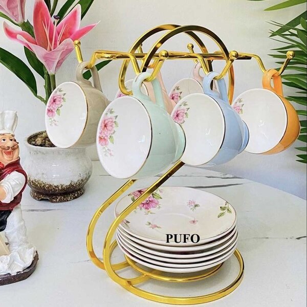 Suport auriu elegant metalic Pufo Ellegant Gold pentru cani, cesti si farfurii- suport cu 6 carlige pentru depozitare, organizare sau decor