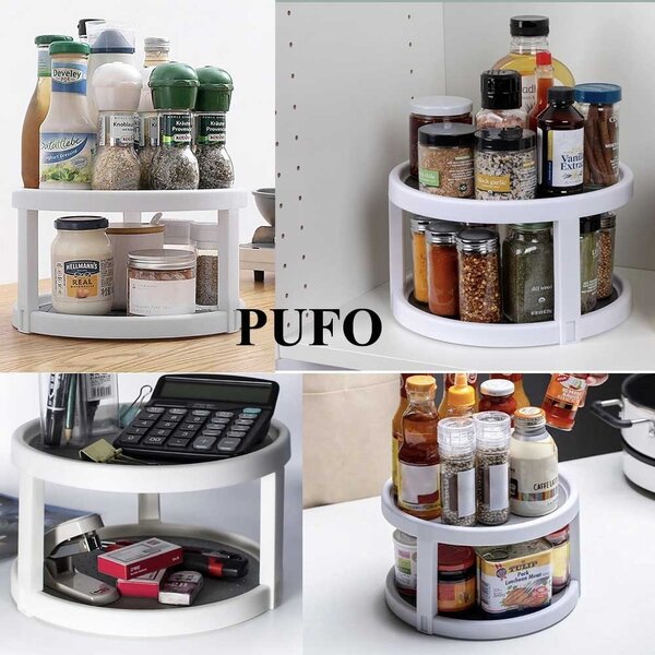 Organizator rotativ tip tava cu doua niveluri pentru frigider sau dulap cu suprafata antialunecare, 25 cm, alb