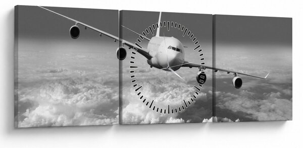 Tablou - Avion în nori, alb și negru (cu ceas) (90x30 cm)