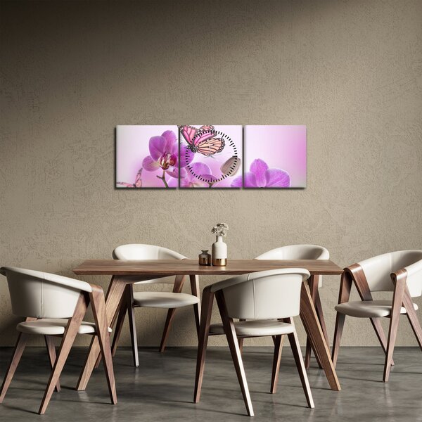 Tablou - Fluture pe flori de orhidee, liliac (cu ceas) (90x30 cm)