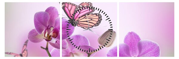 Tablou - Fluture pe flori de orhidee, liliac (cu ceas) (90x30 cm)