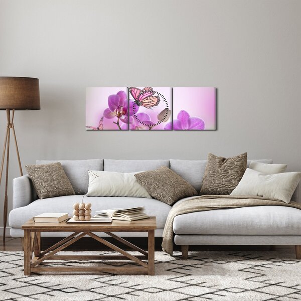 Tablou - Fluture pe flori de orhidee, liliac (cu ceas) (90x30 cm)