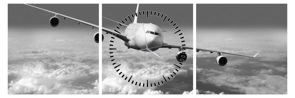 Tablou - Avion în nori, alb și negru (cu ceas) (90x30 cm)