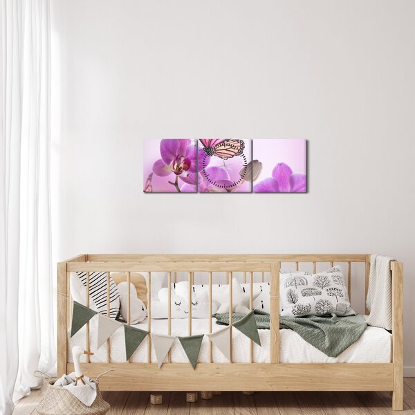 Tablou - Fluture pe flori de orhidee, liliac (cu ceas) (90x30 cm)