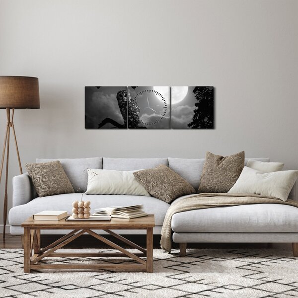 Tablou - Bufniță de noapte, alb și negru (cu ceas) (90x30 cm)