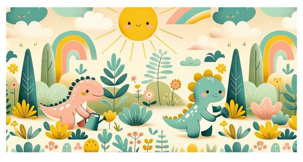 Tablou prieteni dinozauri într-o grădină colorată