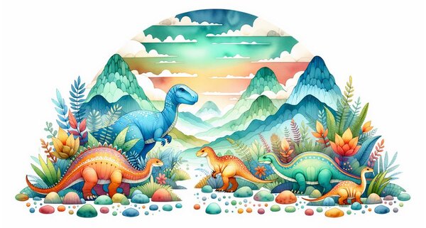 Tablou dinozauri colorați în munți