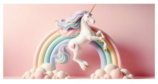 Tablou unicorn de poveste pe un curcubeu pastel
