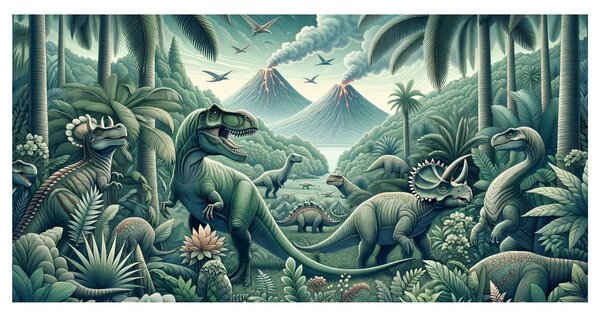 Tablou lumea preistorică a dinozaurilor în junglă