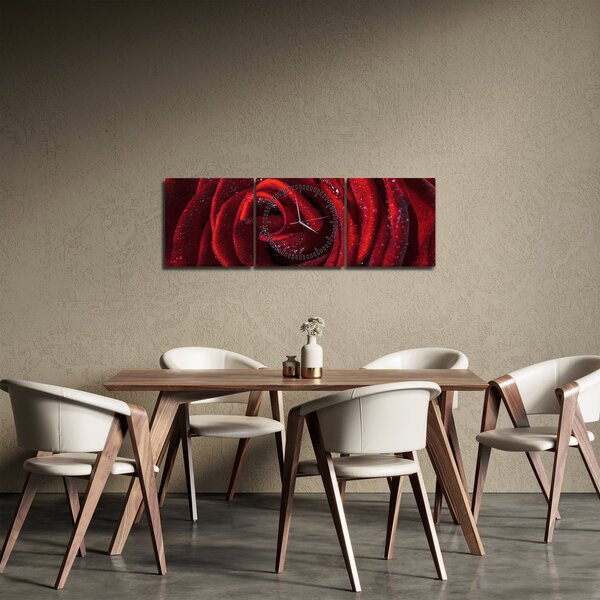 Tablou - Trandafir roșu cu picături de rouă (cu ceas) (90x30 cm)