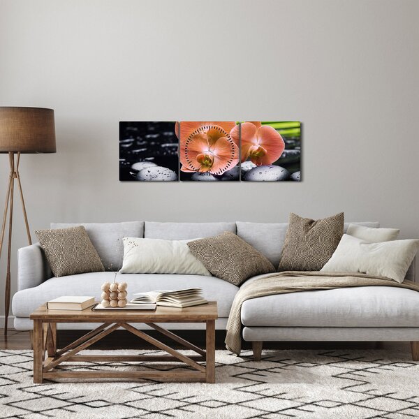 Tablou - Orhidee portocalie cu frunze de palmier (cu ceas) (90x30 cm)
