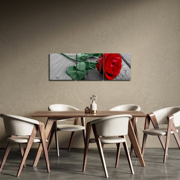 Tablou - Trandafir roșu cu tulpină verde (cu ceas) (90x30 cm)
