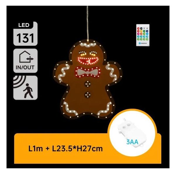 Aigostar - Decorațiune LED de Crăciun în formă de turtă dulce, 27 cm, 131 LED, alimentare 3xAA, IP44, cu telecomandă