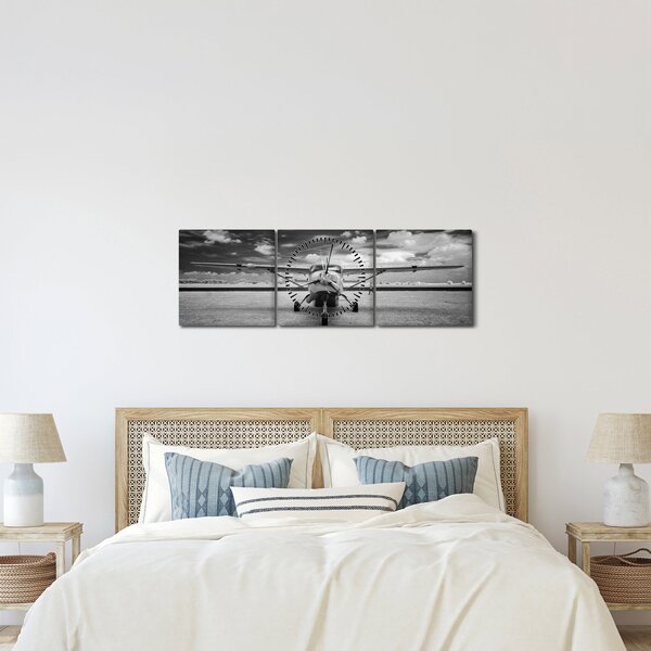 Tablou - Avion alb-negru și alb-negru (cu ceas) (90x30 cm)