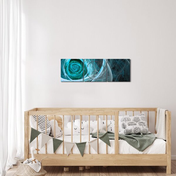 Tablou - Abstract trandafir albastru cu fundal negru (cu ceas) (90x30 cm)
