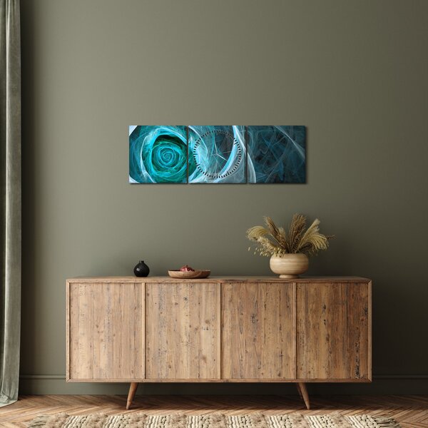 Tablou - Abstract trandafir albastru cu fundal negru (cu ceas) (90x30 cm)
