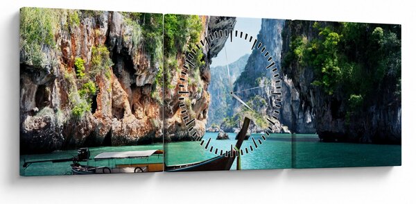Tablou - Apă peisaj mediteranean cu barca (cu ceas) (90x30 cm)