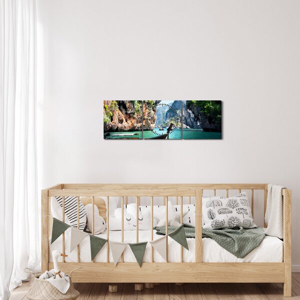 Tablou - Apă peisaj mediteranean cu barca (cu ceas) (90x30 cm)