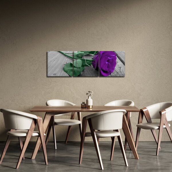 Tablou - Trandafir violet cu tulpina verde (cu ceas) (90x30 cm)