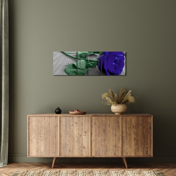 Tablou - Trandafir albastru cu tulpina verde (cu ceas) (90x30 cm)