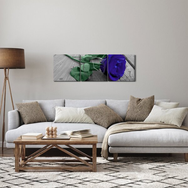 Tablou - Trandafir albastru cu tulpina verde (cu ceas) (90x30 cm)