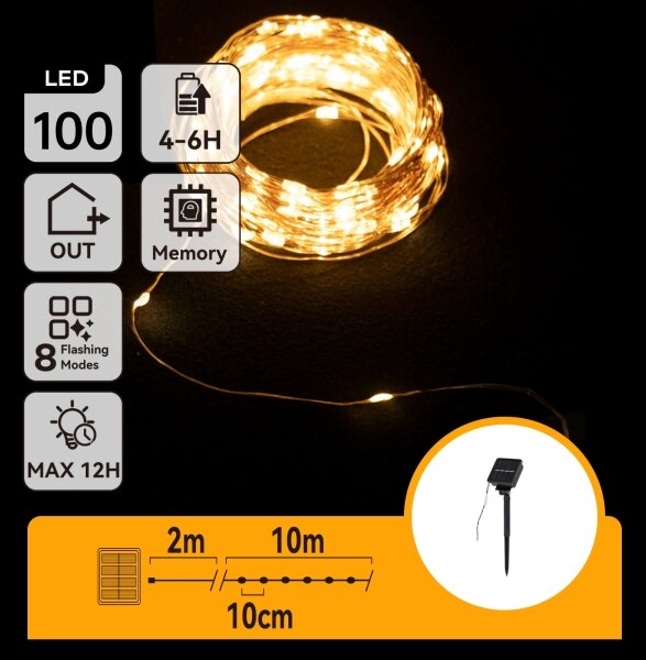 Aigostar - Ghirlandă solară LED 100xLED/8 funcții 12m IP65 alb cald
