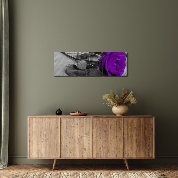 Tablou - Trandafir violet cu tulpina verde (cu ceas) (90x30 cm)