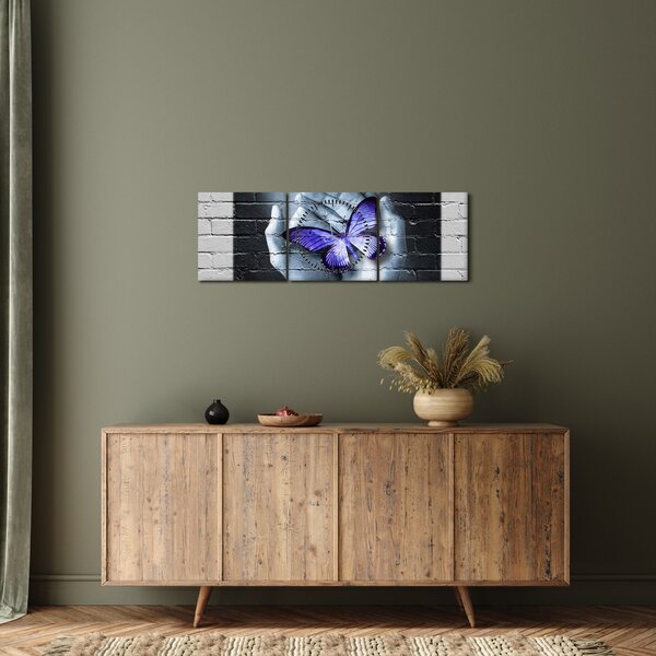 Tablou - Fluture violet pe perete (cu ceas) (90x30 cm)