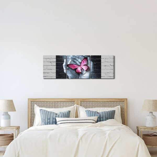 Tablou - Fluture roz în perete (cu ceas) (90x30 cm)