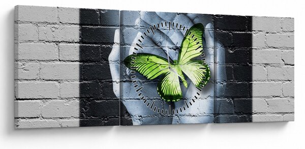 Tablou - Fluture verde în perete (cu ceas) (90x30 cm)