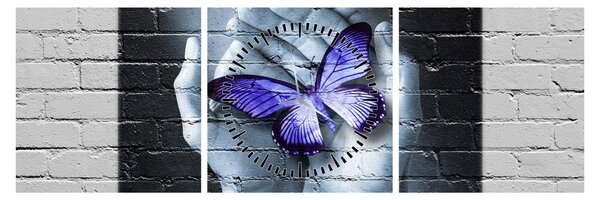 Tablou - Fluture violet pe perete (cu ceas) (90x30 cm)