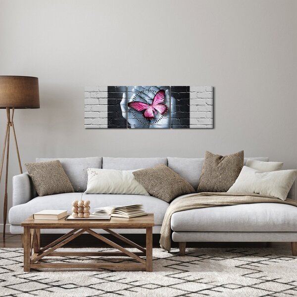 Tablou - Fluture roz în perete (cu ceas) (90x30 cm)