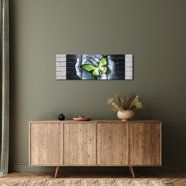 Tablou - Fluture verde în perete (cu ceas) (90x30 cm)