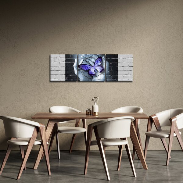 Tablou - Fluture violet pe perete (cu ceas) (90x30 cm)