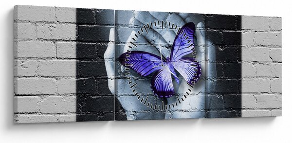 Tablou - Fluture violet pe perete (cu ceas) (90x30 cm)