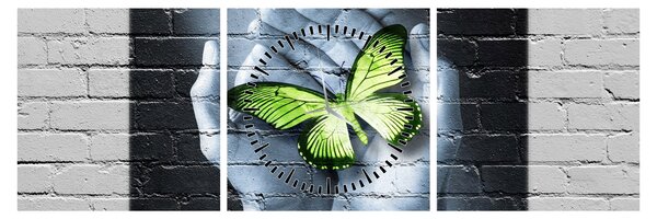 Tablou - Fluture verde în perete (cu ceas) (90x30 cm)