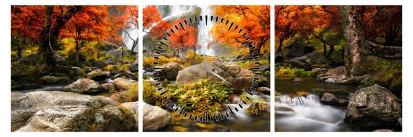 Tablou - Cascade în peisaj de toamnă, portocaliu (cu ceas) (90x30 cm)