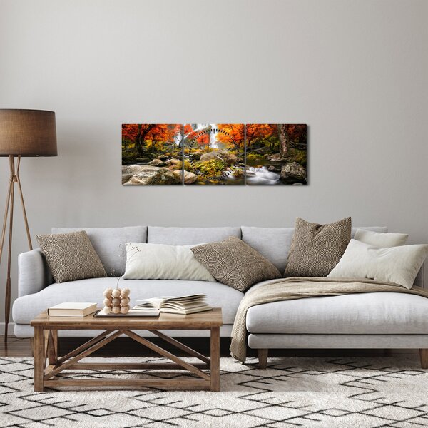 Tablou - Cascade în peisaj de toamnă, portocaliu (cu ceas) (90x30 cm)