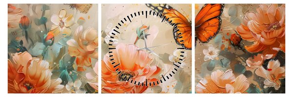Tablou - Fluture și flori, pictură în ulei (cu ceas) (90x30 cm)