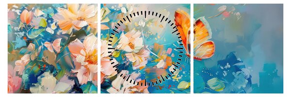 Tablou - Fluture și flori, pictură în ulei II. (cu ceas) (90x30 cm)