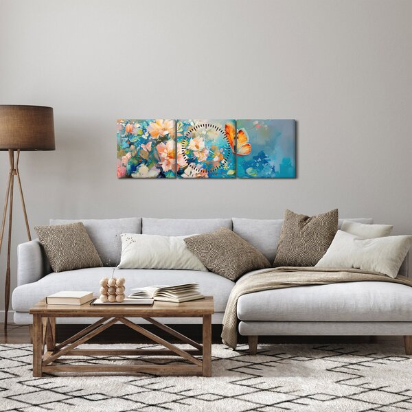 Tablou - Fluture și flori, pictură în ulei II. (cu ceas) (90x30 cm)