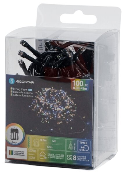 Aigostar - Ghirlandă LED pentru exterior, 100 LED, 8 funcții, alimentare 3x AA, lungime 5,3 m, IP44, multicolor