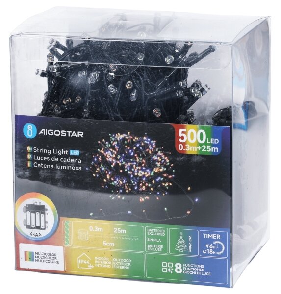 Aigostar - Instalație LED de exterior pentru Crăciun, 500 LED, 8 moduri, 4x AA, 25,3 m, multicoloră