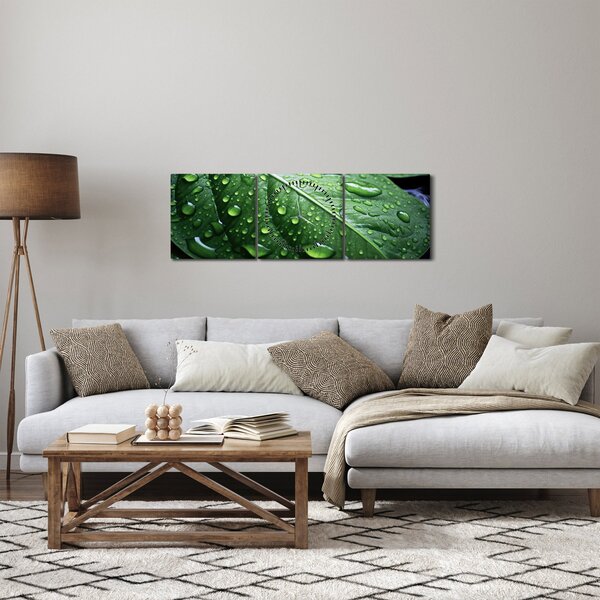 Tablou - Detaliu de frunze după ploaie (cu ceas) (90x30 cm)