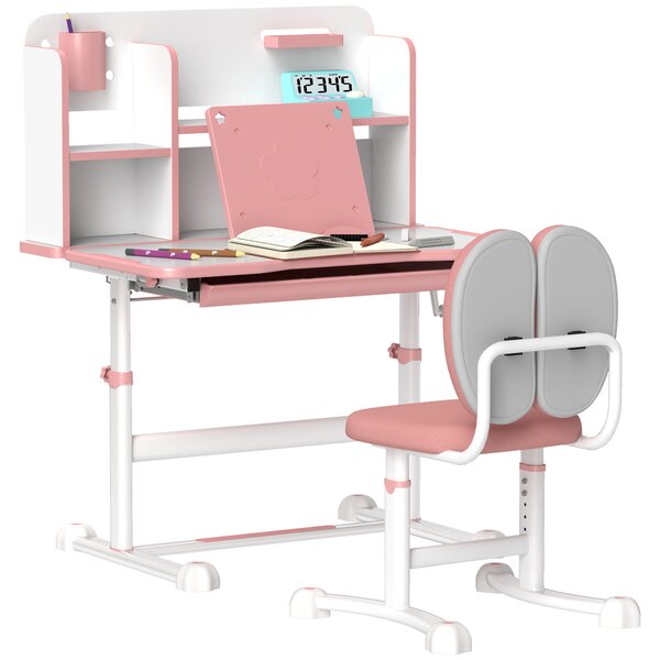 AIYAPLAY Set Birou pentru Copii 3-12 Ani Reglabil pe Înălțime și Blat Înclinabil la 45°, 80x55x107.5 cm, Culoare Roz | Aosom Romania
