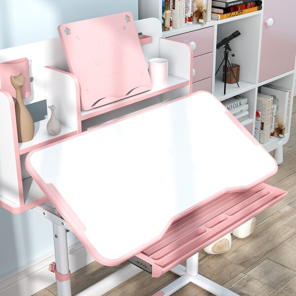 AIYAPLAY Set Birou pentru Copii 3-12 Ani Reglabil pe Înălțime și Blat Înclinabil la 45°, 80x55x107.5 cm, Culoare Roz | Aosom Romania