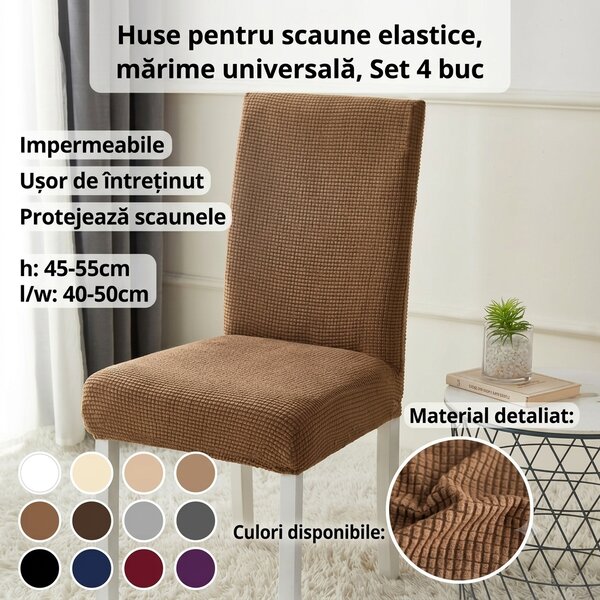 Set 4 Huse Elastice pentru Scaune cu Spătar, Lycra, Mărime Universală, Impermeabile - Cafea cu lapte