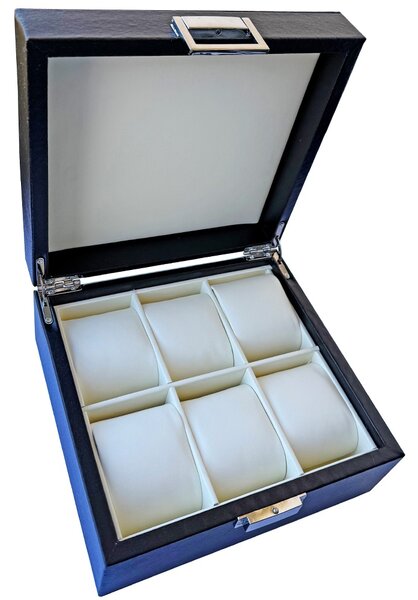 Cutie caseta eleganta pentru depozitare si organizare 6 ceasuri sau bijuterii, model Pufo Royal Premium, negru