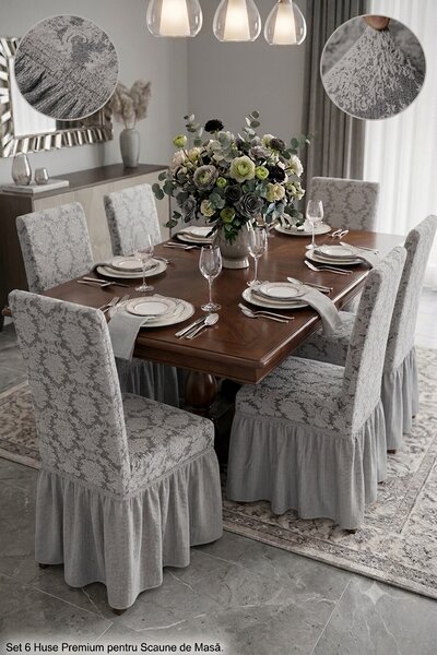 Set 6 Huse Elastice pentru Scaune cu volanas Jacquard, Gri deschis